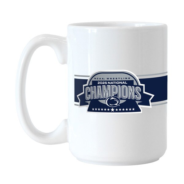 white mug with NCAA Wrestling 2025 National Champions Penn State